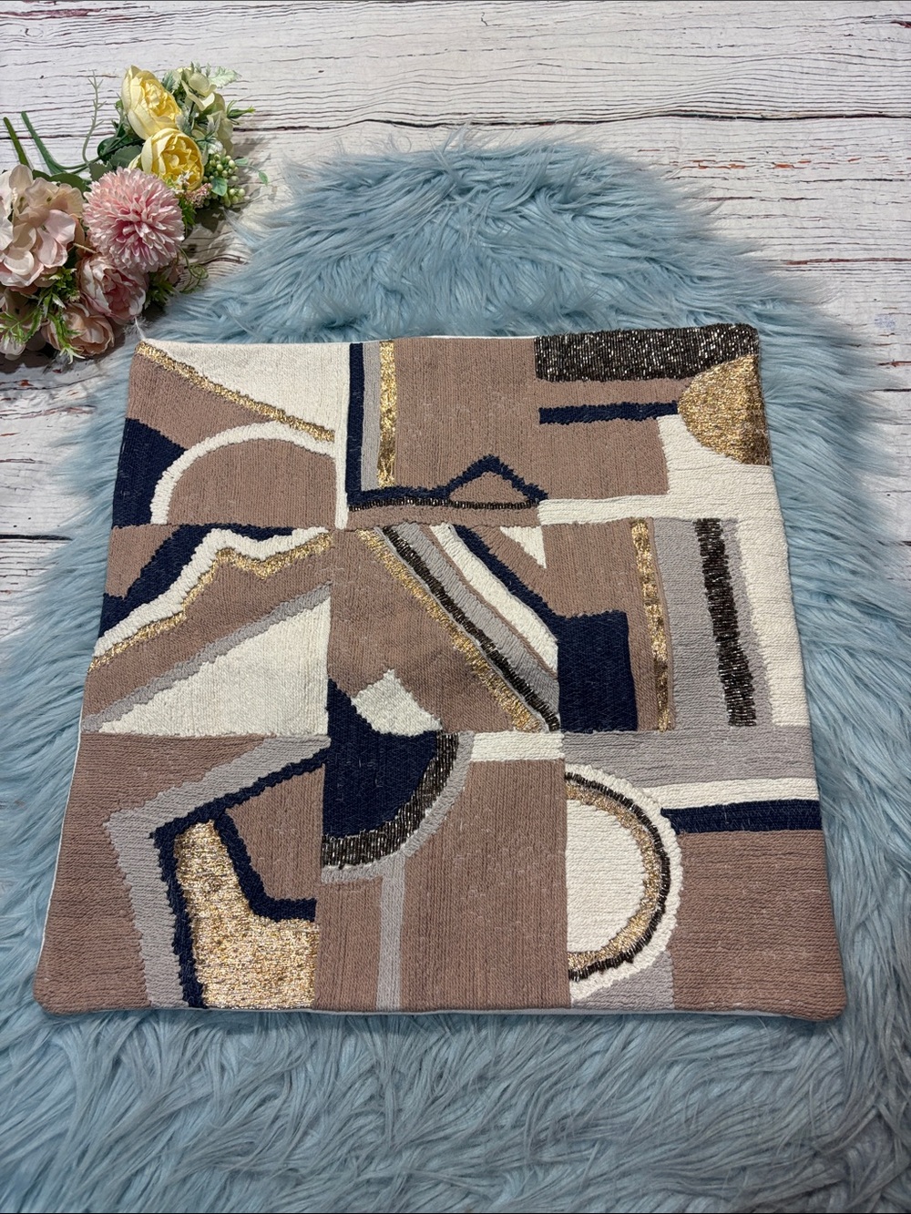 West Elm Decorative Pillow Embellished Embroidered Geometric Cover